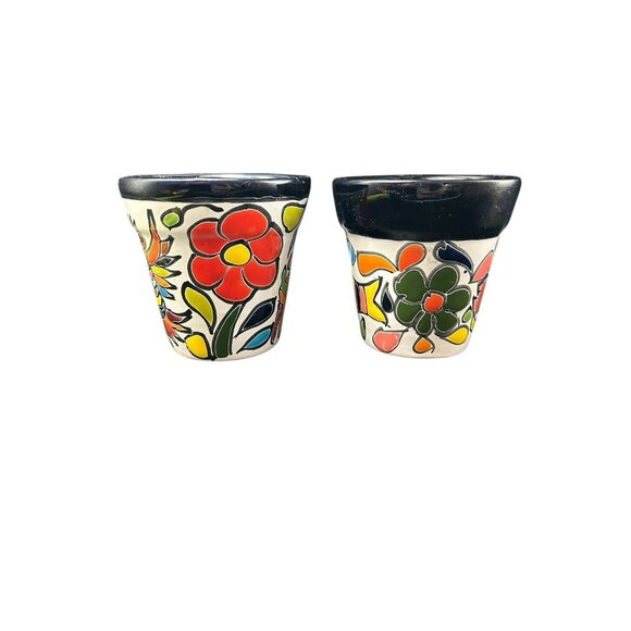 Pottery Planter Red Ware Mexico Set 2 Fish Rooster Floral Talavera Colorful 4" - Picture 2 of 8